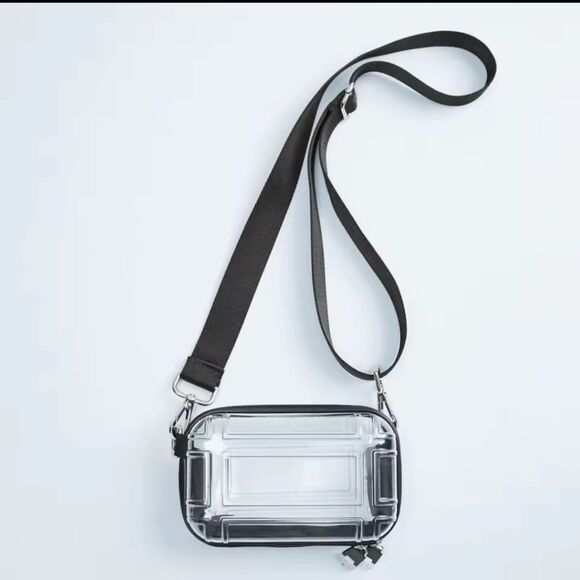 New Transparent Crossbody Stadium Event Hard Suitcase Bag Purse Black Strap - Picture 1 of 9